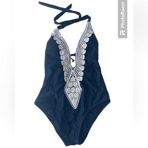 Kona Sol Women's Black Lace Trim Plunging One 1 Piece Swimsuit Halter NWT Small